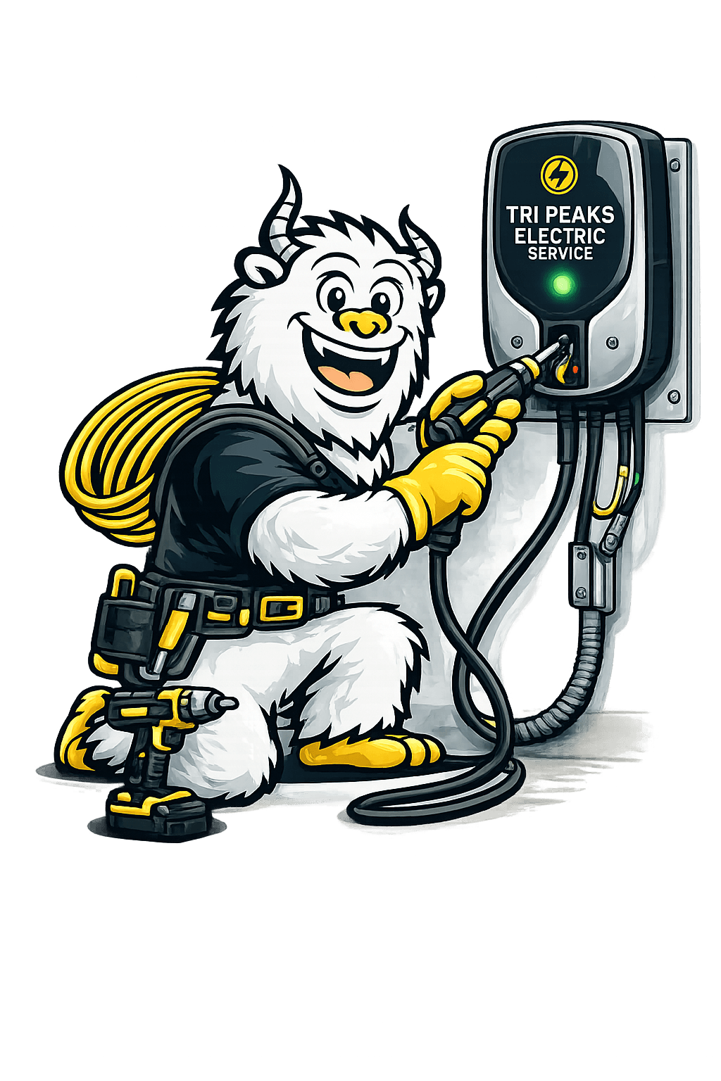 Tri Peaks Electric yeti mascot installing an EV charger — Bailey CO electrician specials