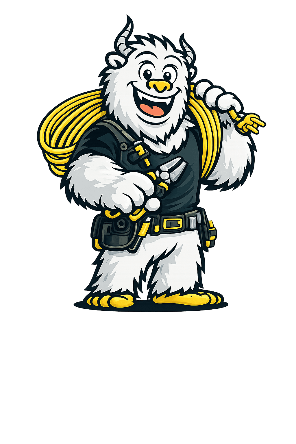 Tri Peaks Electric yeti mascot carrying generator hookup cable — generator installation Bailey CO