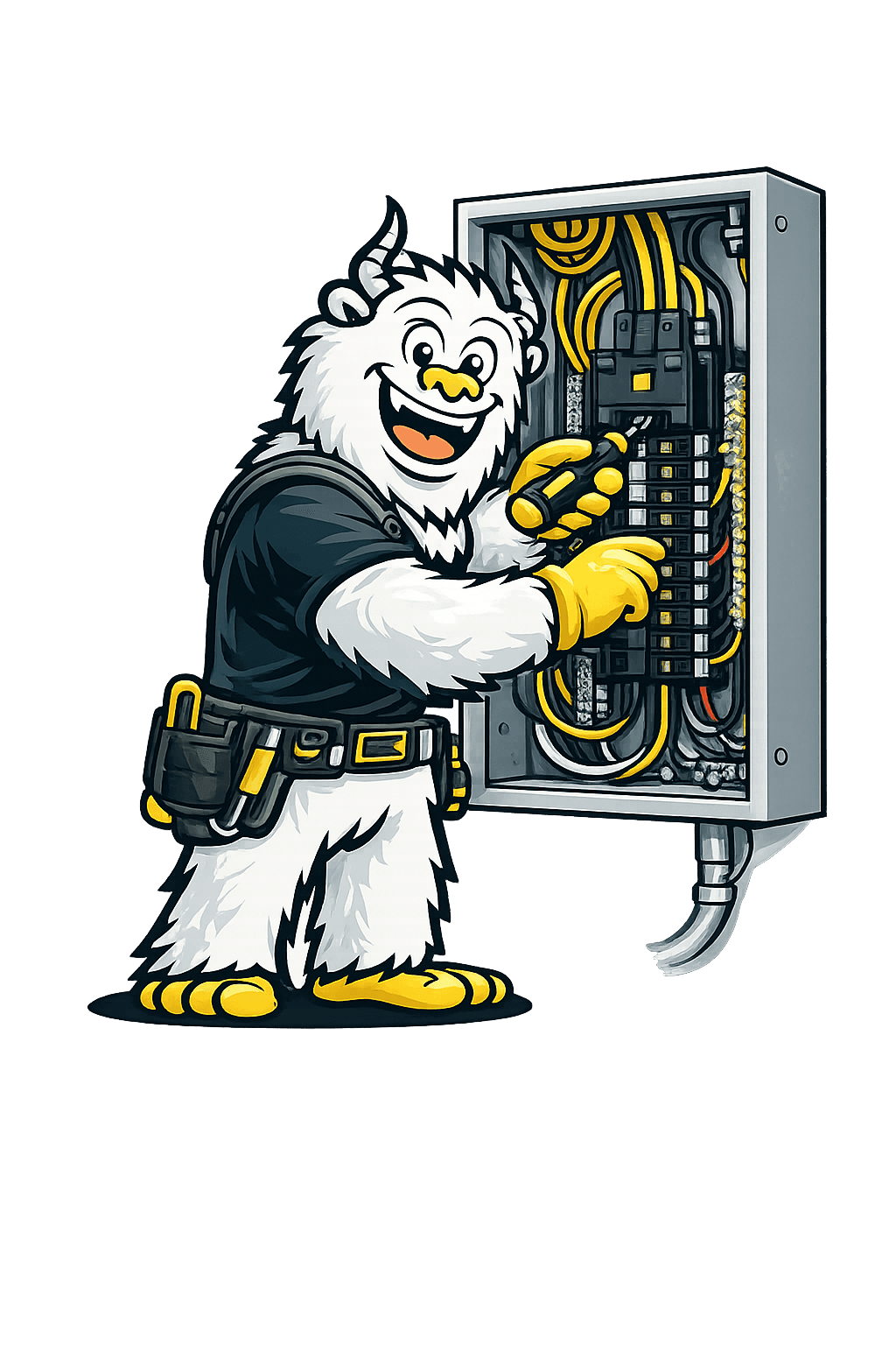 Tri Peaks Electric yeti mascot working in an electrical panel — panel upgrades Bailey CO