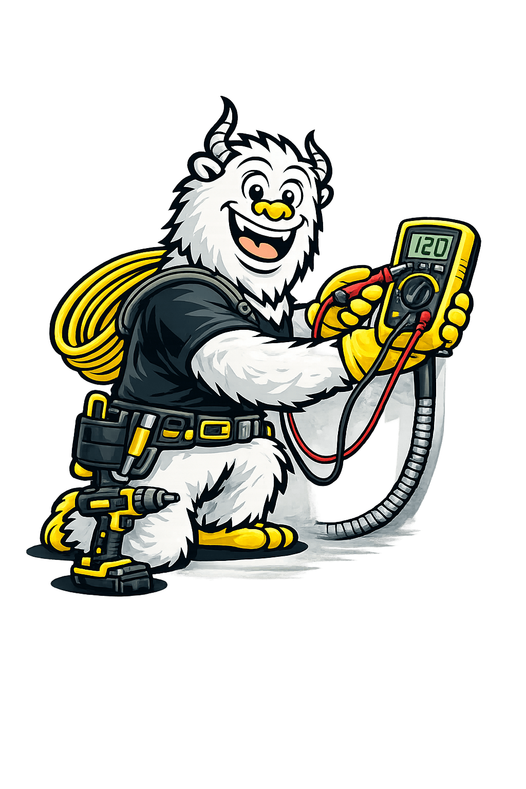 Tri Peaks Electric yeti mascot with a multimeter — home electrical inspection Bailey CO